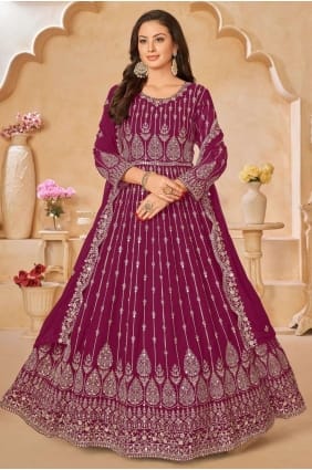 Faux georgette Maroon Anarkali Suit in Embroidered AS3779
