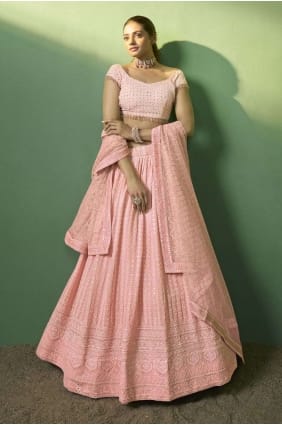 Georgette Peach Lehenga Choli With Embroidered LC7487