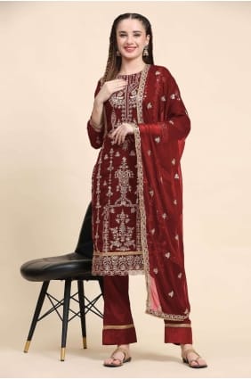Embroidered Salwar Kameez in Maroon Faux georgette sk153829