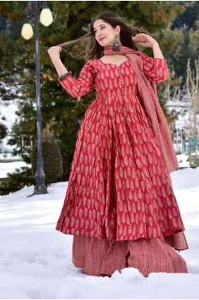 Muslin Palazzo Suit in Crimson red with Digital print PZ3780