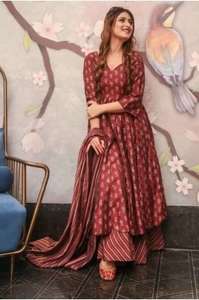 Muslin Digital print Maroon Palazzo Suit with Dupatta PZ3783