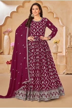 Faux georgette Embroidered Burgundy purple Anarkali Suit with Dupatta AS3787
