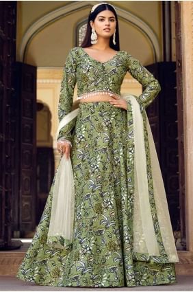 Silk Green Lehenga Choli with Printed LC7516