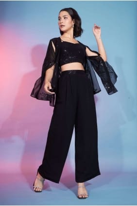 Black Georgette Embroidered Palazzo Suit PZ3791