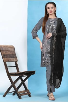 Embroidered Straight Pant Suit in Grey Georgette SK153848