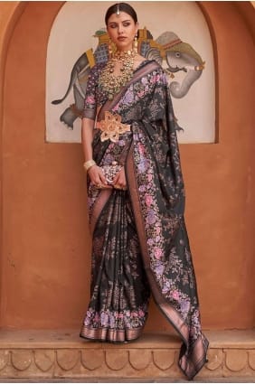 Printed Black Silk Saree SR25863