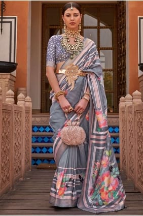 Printed Silk Grey Saree SR25869