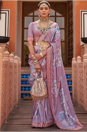 Printed Silk Saree in Lavender purple SR25871