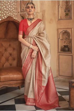 Beige Banarasi silk Saree with Zari,weaving SR26207