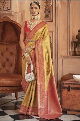 Banarasi silk Zari,weaving Mustard Saree with Blouse SR26209