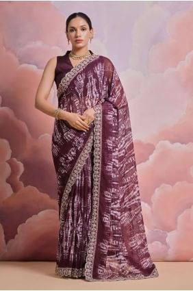 Sequins,digital print Georgette Saree in Wine with Blouse SR26215