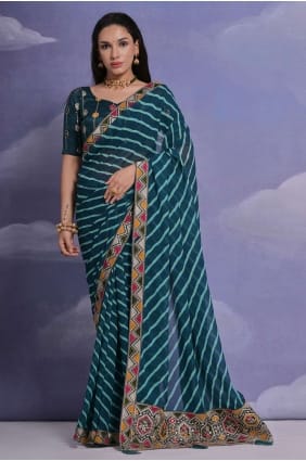 Teal blue Georgette Saree with Sequins,digital print SR26218