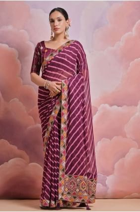 Georgette Saree in Wine with Sequins,digital print SR26221