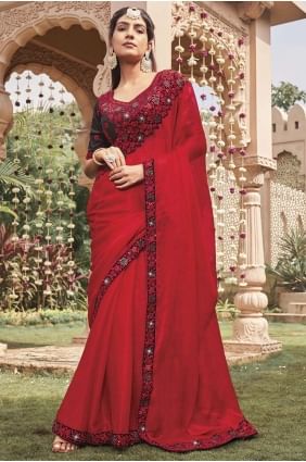 Shimmer Embroidered Wine red Saree with Blouse SR26222