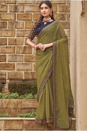 Embroidered Saree in Mahendi Art silk SR26232