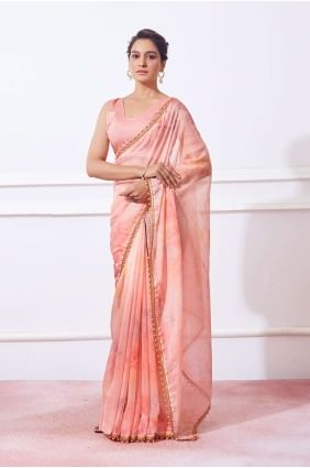 Printed,lace Organza Saree in Peach with Blouse SR26274