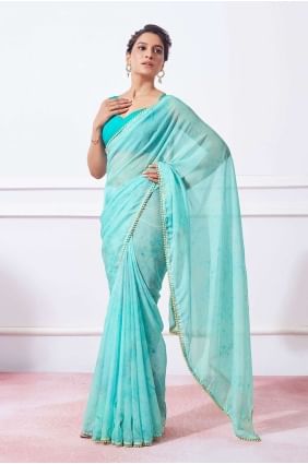 Organza Saree in Sea green with Printed,lace SR26275