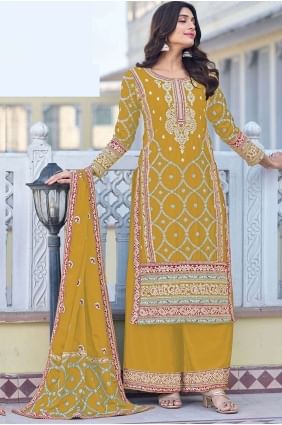 Embroidered Chiffon Yellow Eid Palazzo Suit with Dupatta PZ3868