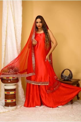 Art silk Lace Red Palazzo Suit with Dupatta PZ3871