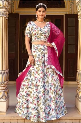 Off white Silk Printed Lehenga Choli with Dupatta LC7624