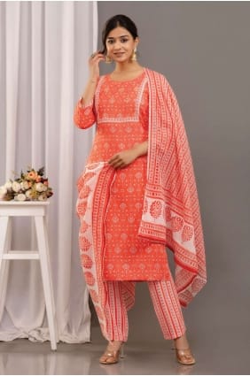 Orange Printed Salwar Kameez in Rayon SK153933