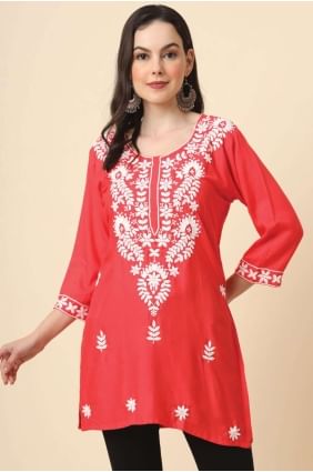 Rayon Kurti in Red with Embroidered KTI2308