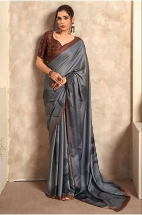 Satin Grey Saree in Digital print SR26324
