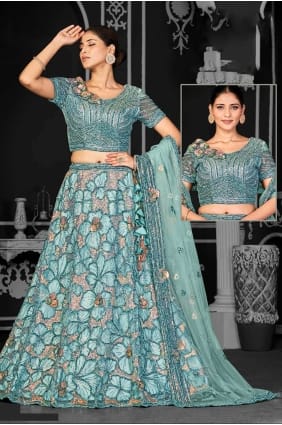 Embroidered Net Lehenga Choli in Aqua blue LC7640