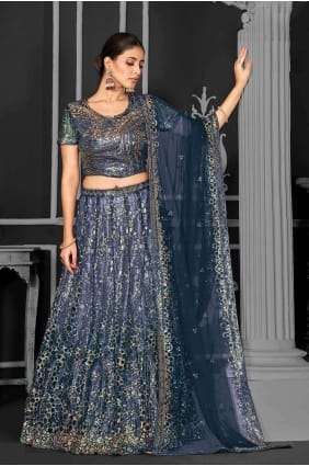 Teal Lehenga Embroidered Choli in Net LC7645