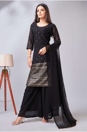 Georgette Palazzo Suit in Black with Embroidered PZ3901
