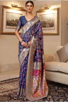 Printed Saree in Blue Handloom silk SR26349
