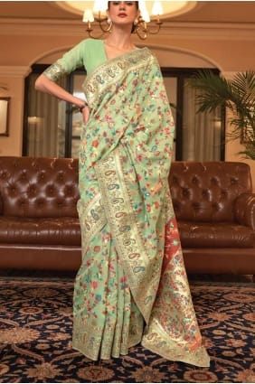 Pista Saree with Printed Handloom silk SR26352