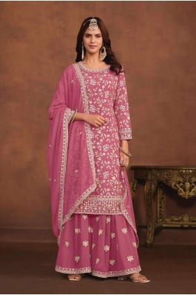 Palazzo Suit in Pink Faux georgette with Embroidered PZ3905