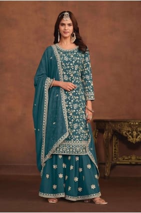 Faux georgette Palazzo Suit with Embroidered in Teal PZ3907