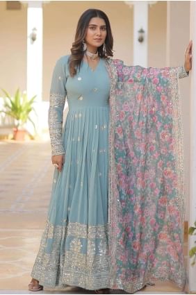 Sequins Faux georgette Sky blue Gown Dress with Dupatta GW0753
