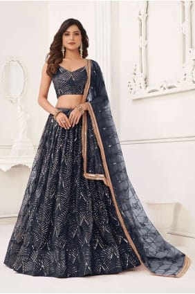 Embroidered Lehenga Choli in Black Net LC7651
