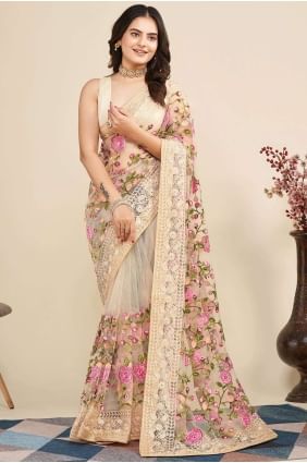 Soft net Saree Peach with Embroidered SR26398