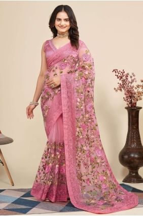 Soft net Embroidered Pink Saree SR26399
