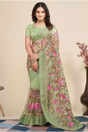 Embroidered Soft net Saree Pista with Blouse SR26403