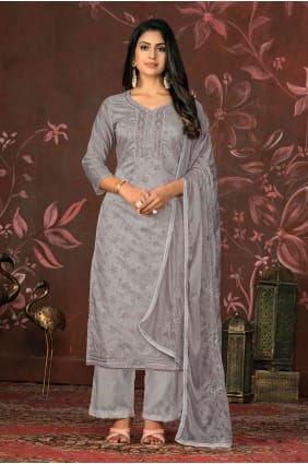 Grey Straight Pant Suit with Hand Chennai silk SK153990