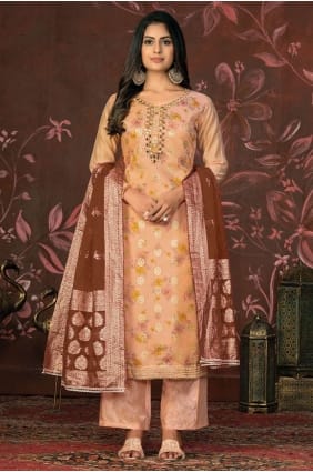 Peach Straight Pant Suit in Hand Chennai silk SK153999
