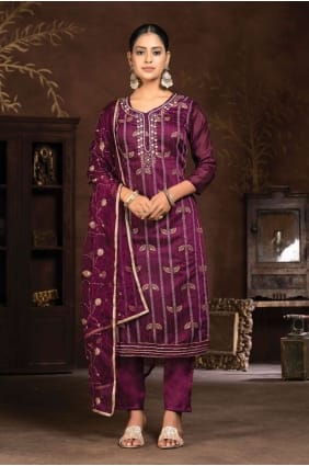 Purple Straight Pant Suit with Hand Plain SK154001