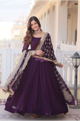 Wine Faux georgette Embroidered Gown Dress with Dupatta GW0761