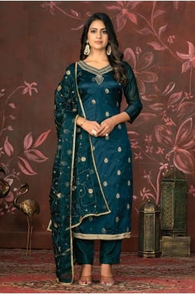 Organza Straight Pant Suit in Blue with Dupatta SK154016