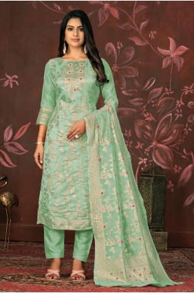 Weaving Green Straight Pant Suit with Dupatta SK154020