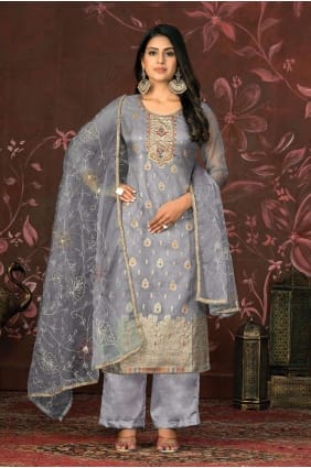 Hand work Chanderi silk Straight Pant Suit in Grey with Dupatta SK154045