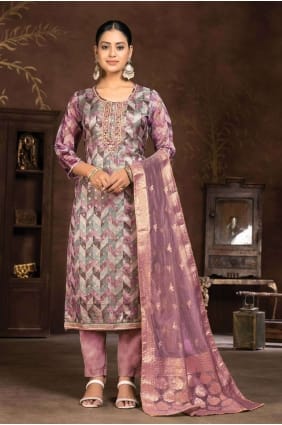 Pink Straight Pant Suit in Hand work Cotton SK154054