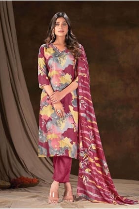 Wine Salwar Kameez in Digital print Muslin SK154065