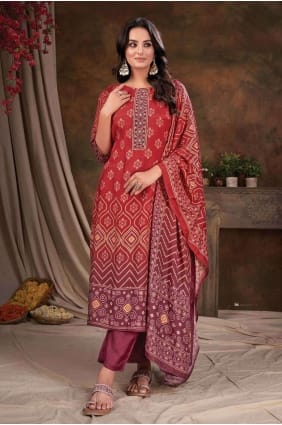 Salwar Kameez in Red Muslin with Digital print SK154067