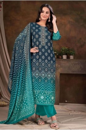 Muslin Digital print Teal blue Salwar Kameez with Dupatta SK154069